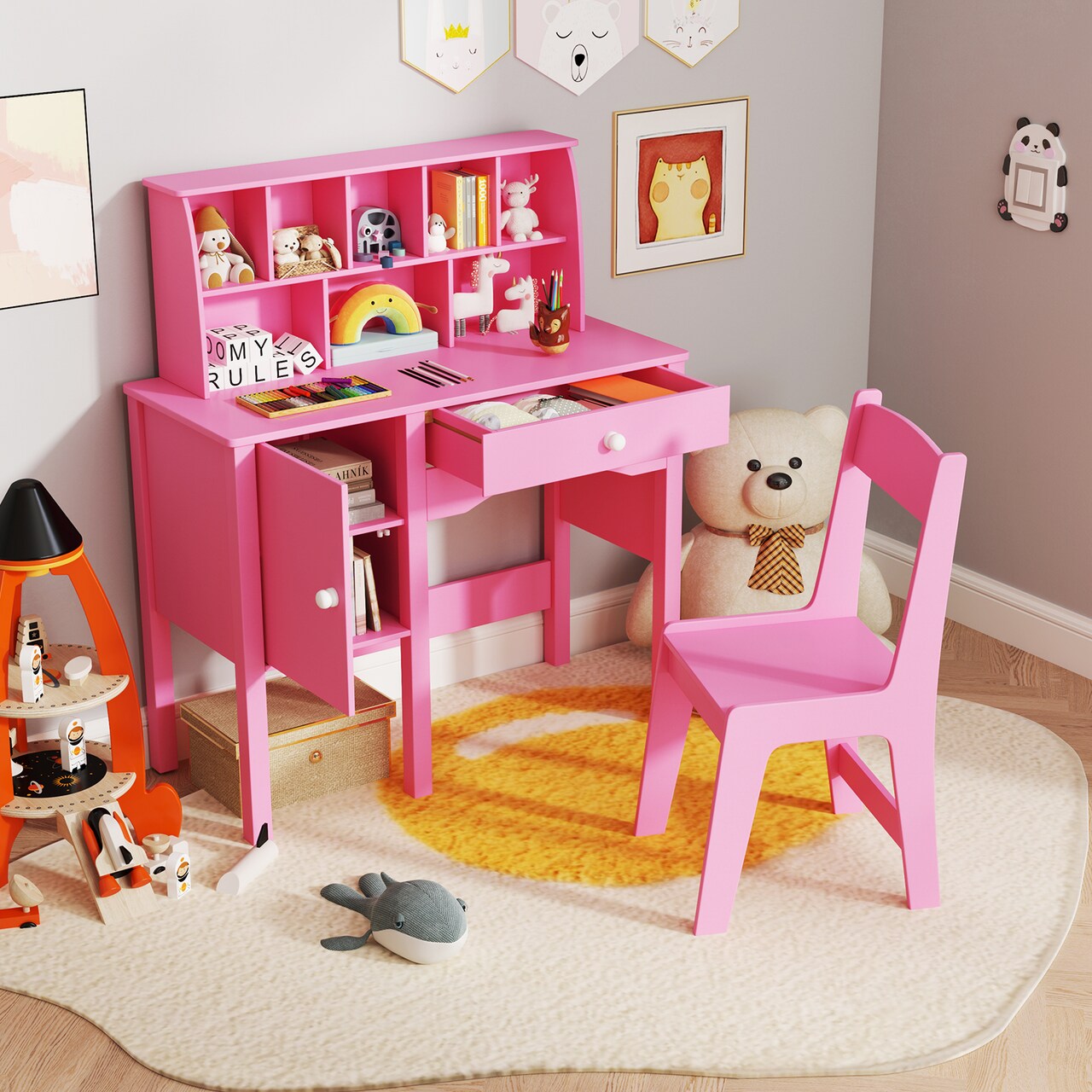 Kids Table and Chair Set with Spacious Tabletop Drawer and Storage for Toys and School Supplies